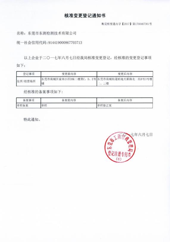 關于東測檢測地址核準變更通知書